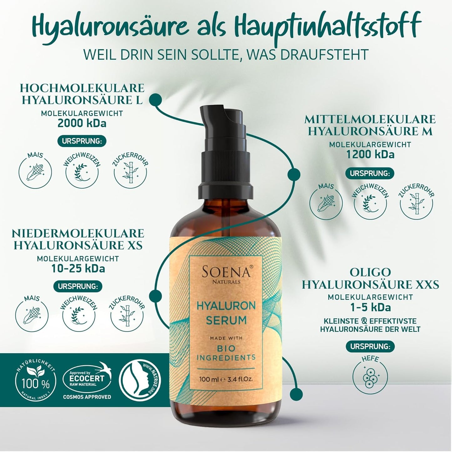 Bio Hyaluron Serum Hochdosiert - Beste Hyaluronsäure (Oligo) - 8-Fach Anti-Falten-Komplex- Mit 4 Hyalurongrößen - Frei Von Alkohol & Parfüm 100Ml - Hyaluronsäure Serum Made in Germany.