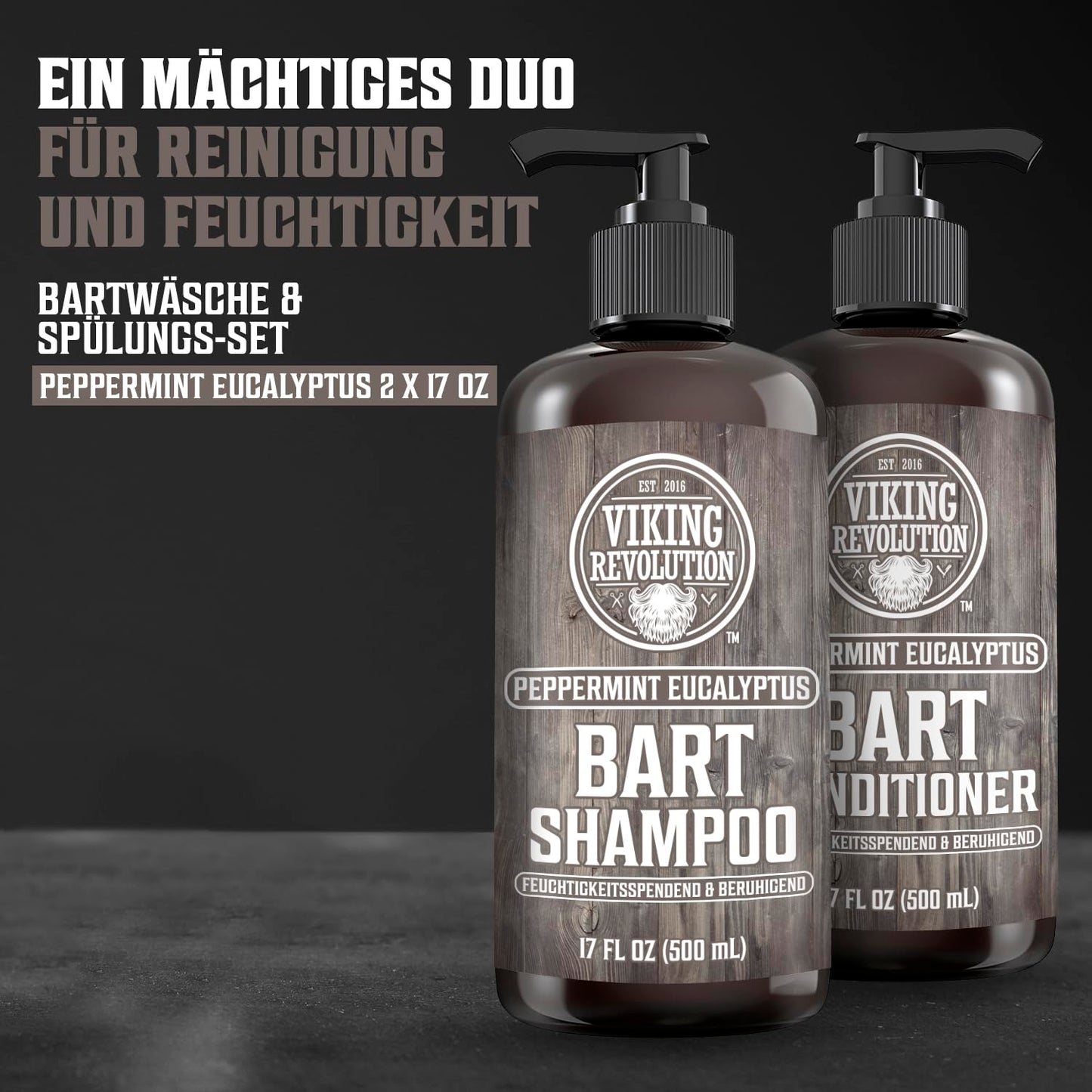 Viking Revolution Bart Shampoo & Conditioner Set - Erweicht, Glättet & Stärkt Den Bartwuchs - Natürlicher Pfefferminz- & Eukalyptusduft - Geschenke Für Männer - 2 X 500 Ml