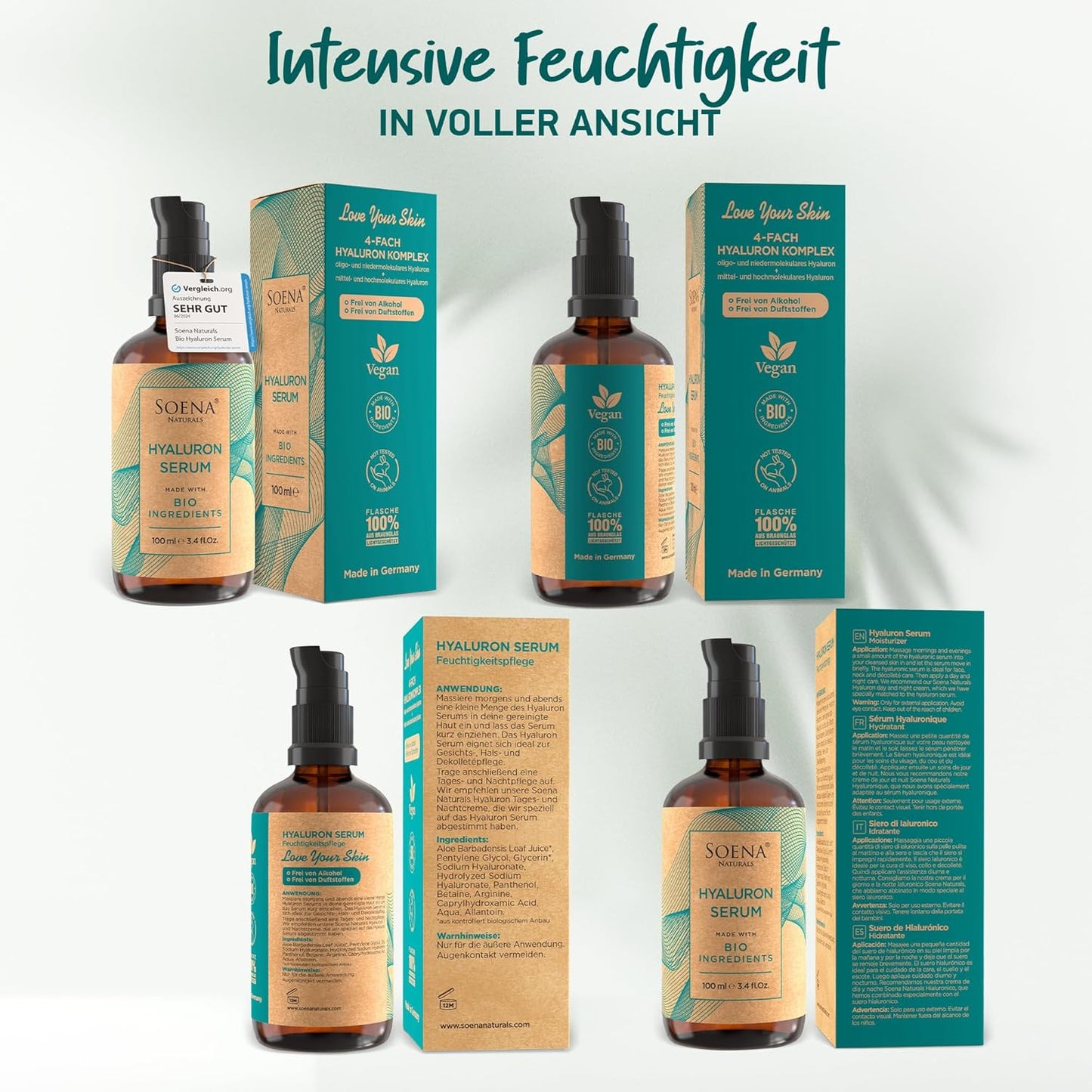 Bio Hyaluron Serum Hochdosiert - Beste Hyaluronsäure (Oligo) - 8-Fach Anti-Falten-Komplex- Mit 4 Hyalurongrößen - Frei Von Alkohol & Parfüm 100Ml - Hyaluronsäure Serum Made in Germany.